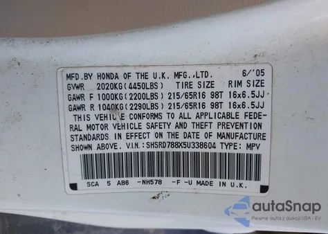 2005 Honda Cr-V Ex z USA, uszkodzony, nr VIN SHSRD788X5U338604